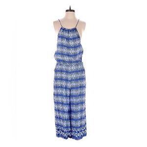 Wide leg Romper jumper Large Abstract Pattern blue & white Beach Boho Casual